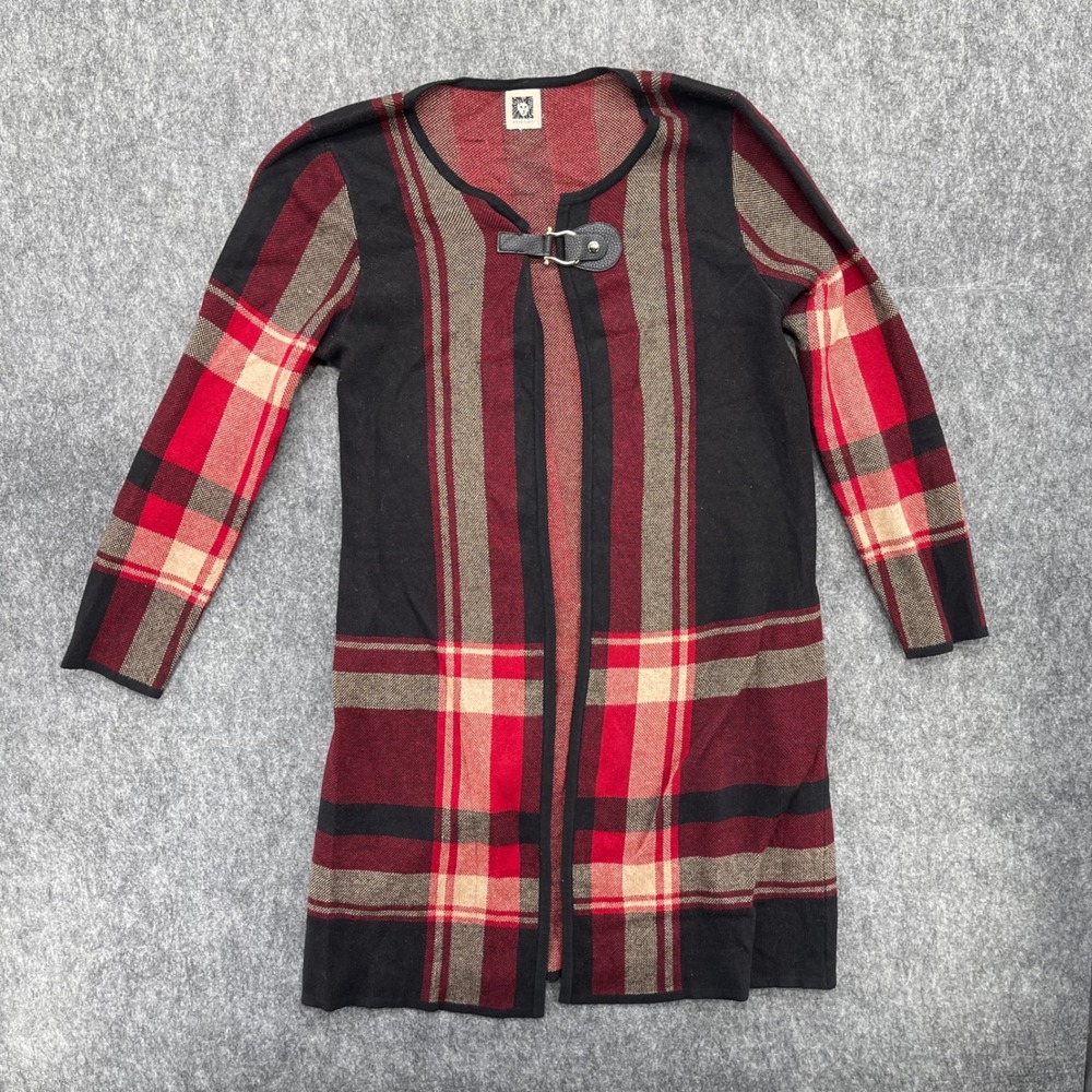 Anne Klein Plaid Longline Cardigan Womens Medium Sweater Red Black Buckle Front